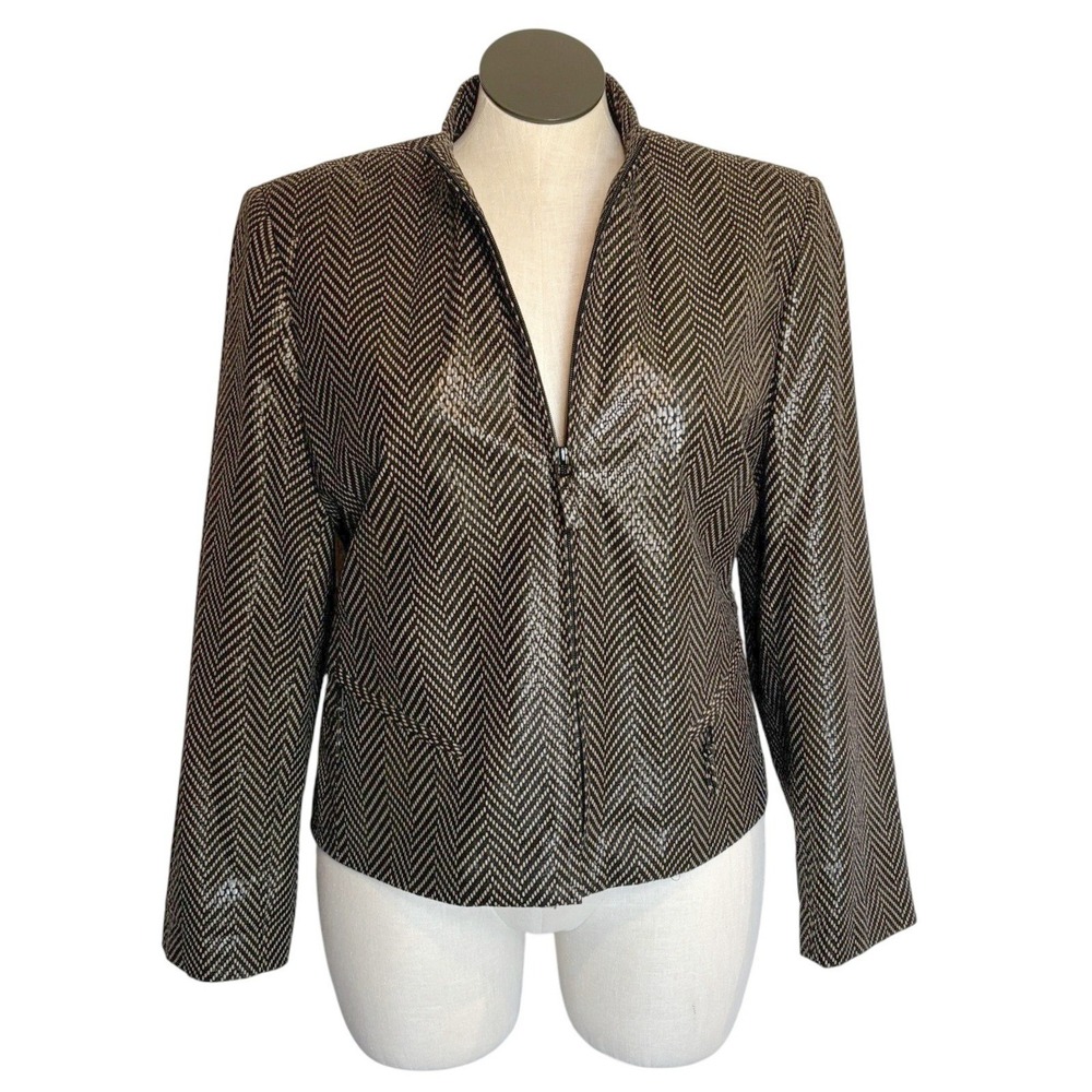 Harve Benard Womens Blazer Jacket 18 Black Tan Polyester Herringbone Zip Up
